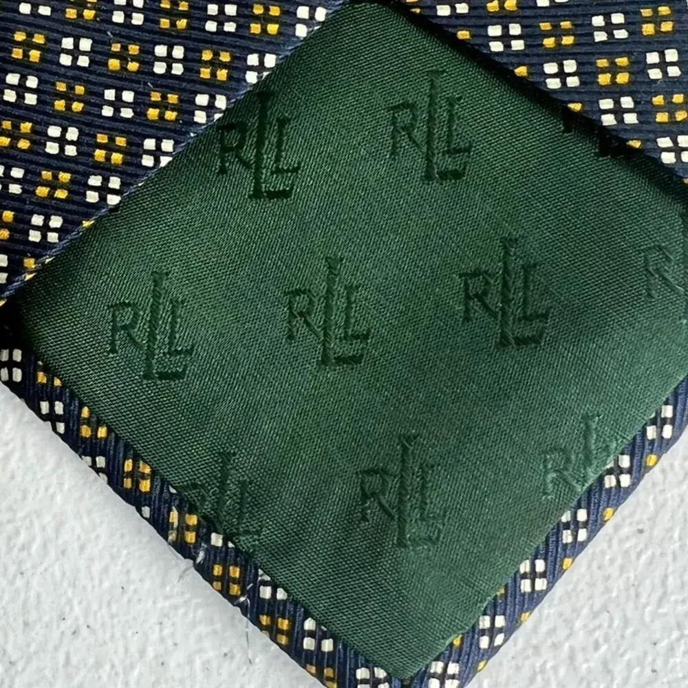 Lauren Ralph Lauren Men's Necktie Blue Yellow Geometric 100% Silk Hand Finished